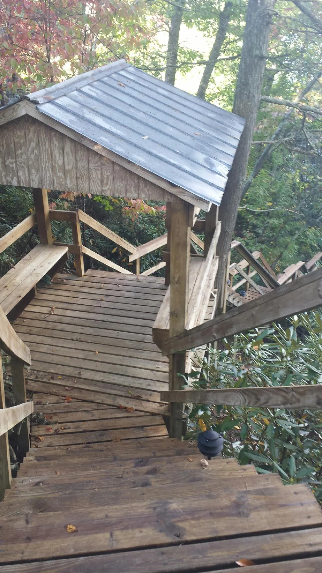 Metal roofed shelter over wooden steps on a wooded walkway — Skylight Repair & Installation work by our crew in Sugar Tree